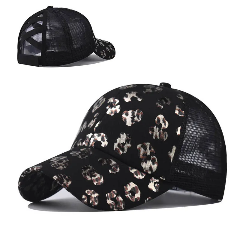 Women Ponytail Baseball Cap Leopard Print Cotton Mesh Breathable High Bun Outdoor Adjustable Sun Hat