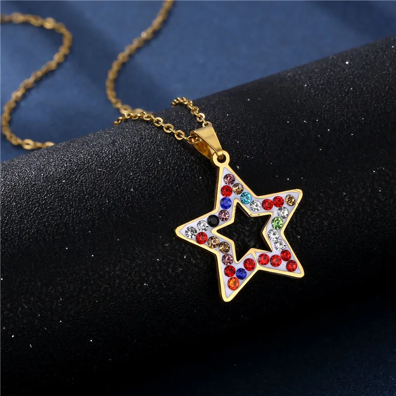 Star Pendant Necklace 304 Stainless Steel Colorful Rhinestone Enamel Hollow Pentagram Hip Hop Jewelry For Women Gold