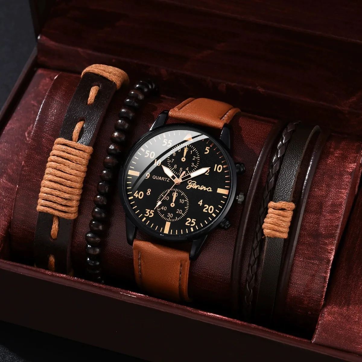 Men's Quartz Watch Fashion Casual Round Analog Multi-Dial Wristwatch With Leather Or Nylon Strap And Bracelet