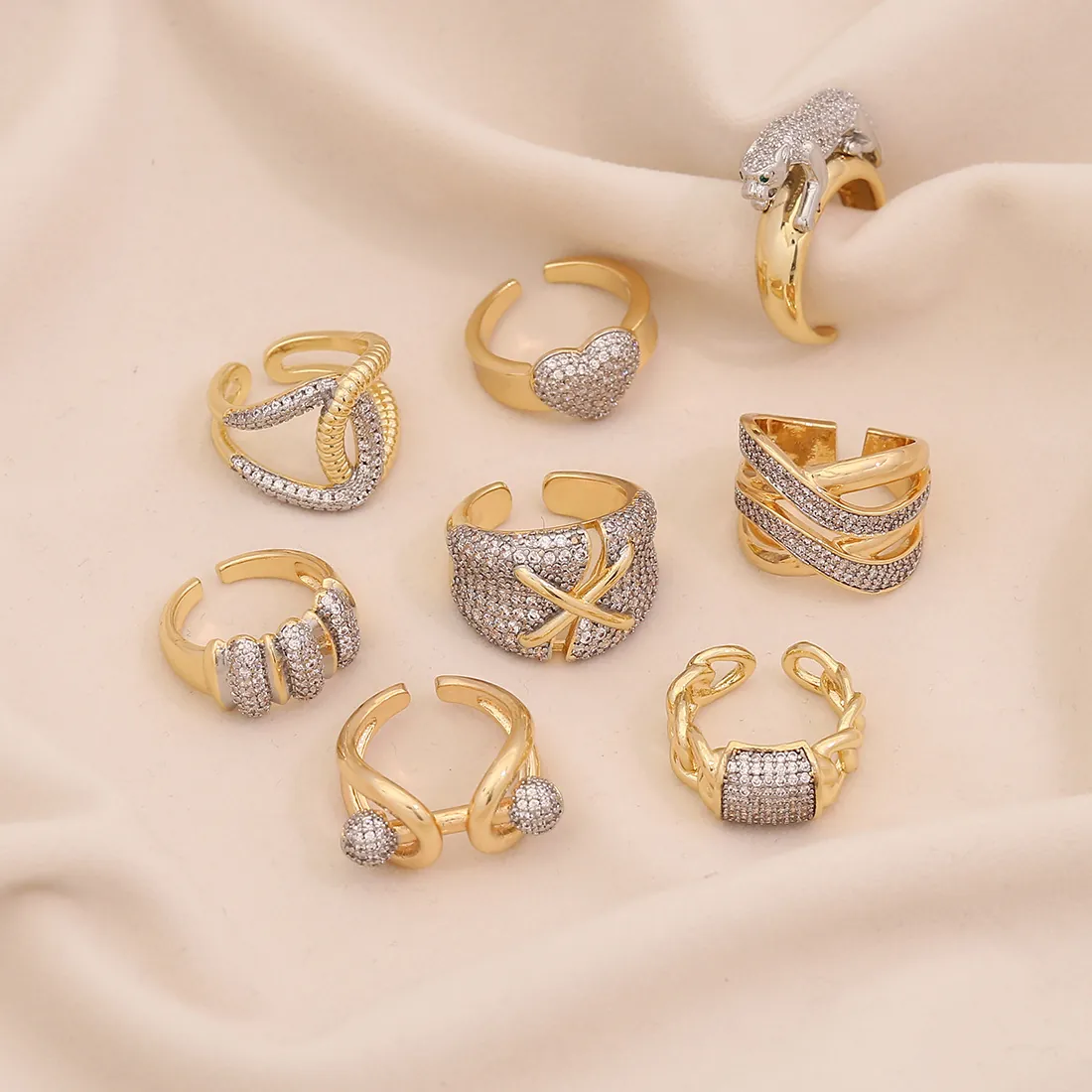 Bagues En Cuivre Ajustables Pour Femmes Avec Zircone Cœur Léopard Géométrique Anneau Ouvert Bijoux