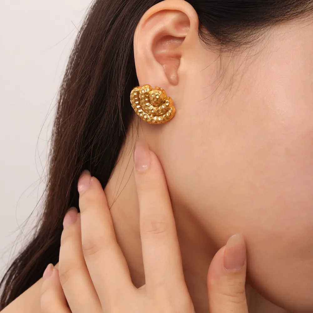 Hammered Texture Fan Shaped Stud Earrings Titanium Steel 18K Gold Plated Multi Layer Retro Fashion Jewelry For Women