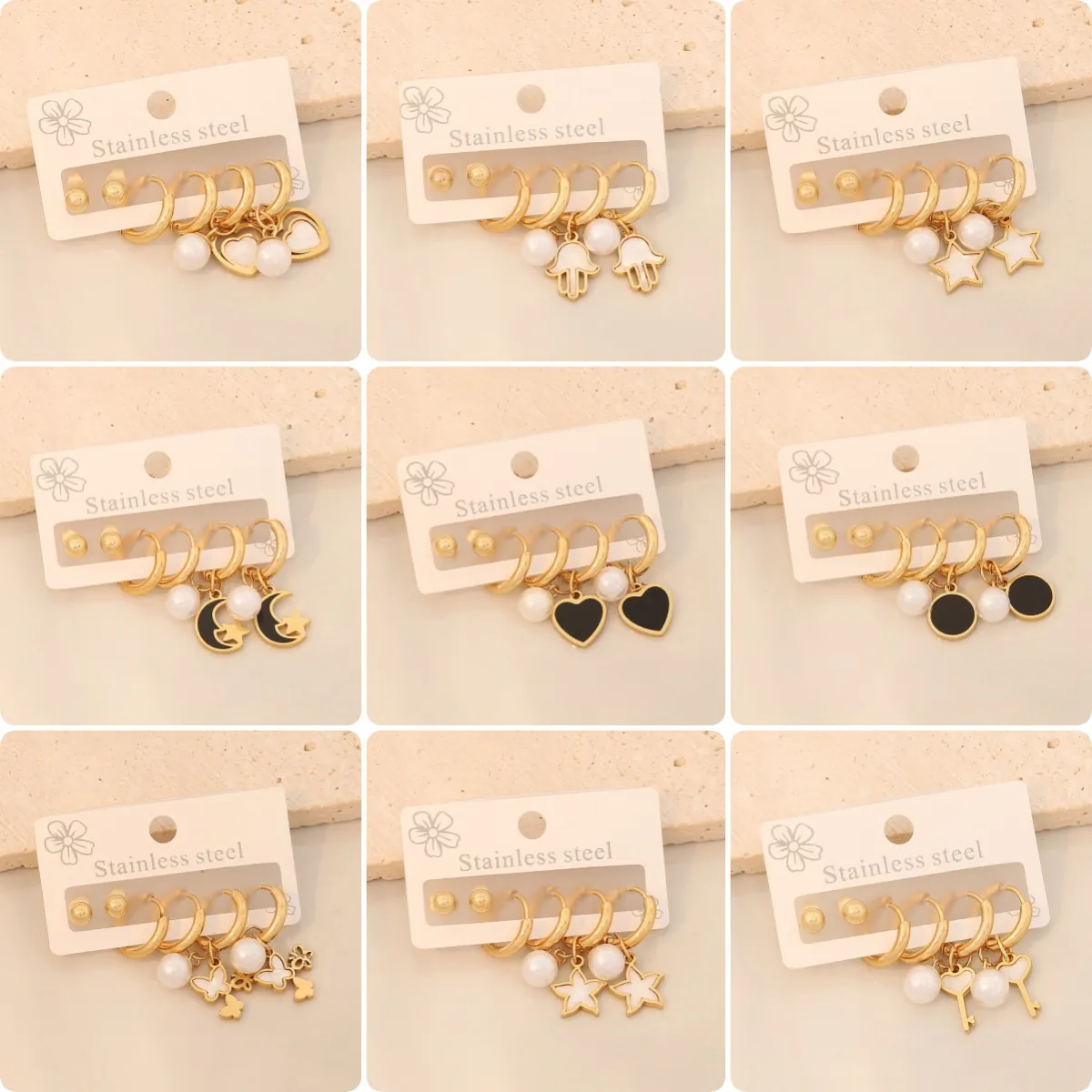 Boucles D'oreilles Créoles Et Puces En Acier Inoxydable Plaque Or Künstliche Perle Coeur Étoile Papillon Bijoux Mode Femmes