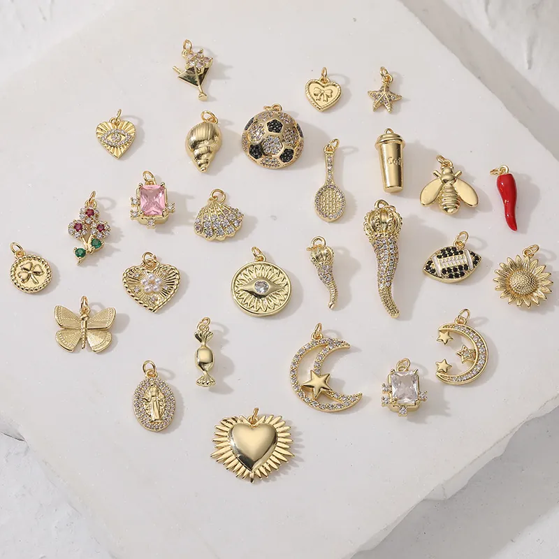 Copper Jewelry Charms Pendants For Necklace Making Shell Heart Star Evil Eye Bee Sunflower Zircon Inlaid DIY Accessories