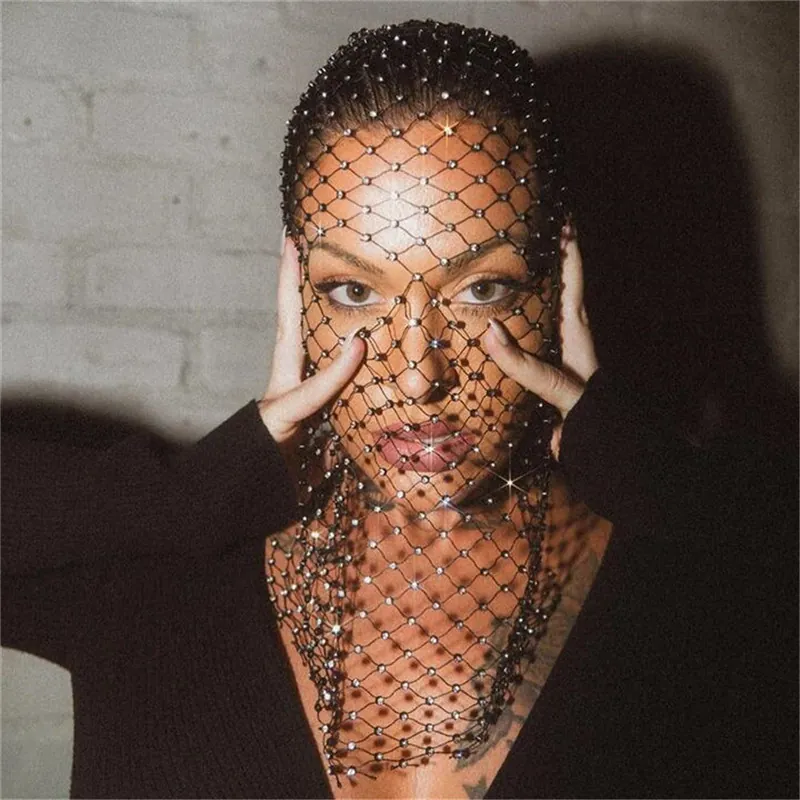 Luxury Rhinestone Fishnet Headscarf Mask Sparkling Crystal Mesh Balaclava For Rave Party Carnival Performance Women Jewelry Headwear