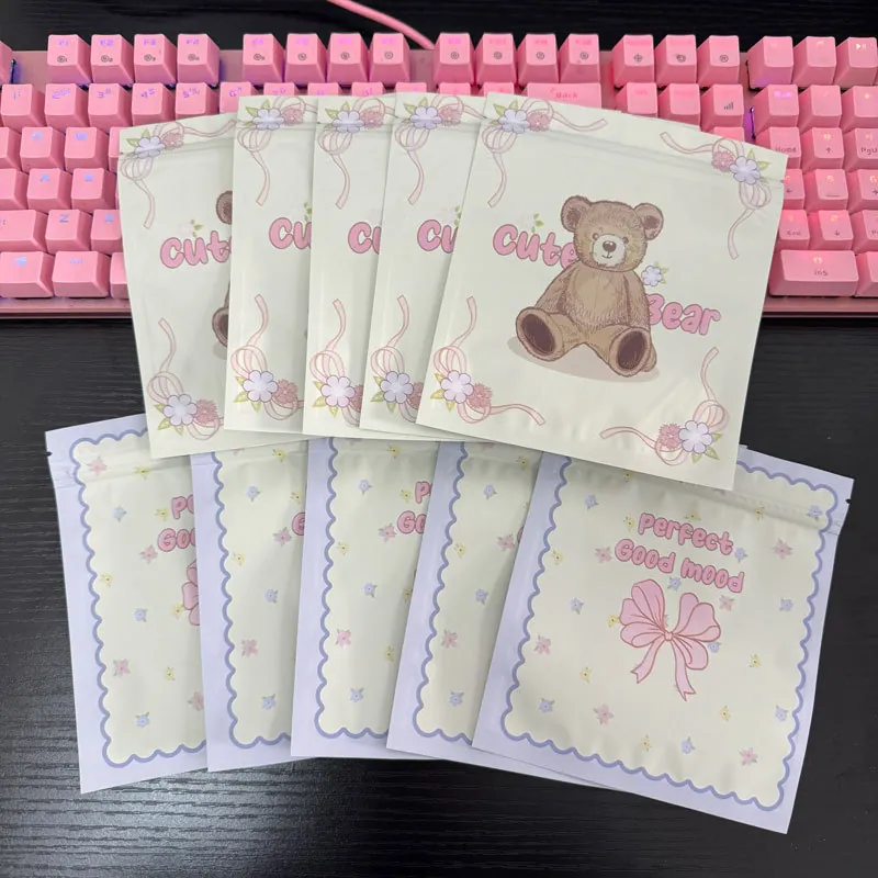Cute Cartoon Bear Pink Bowknot Aluminum Foil Self Sealing Bags Double Sided Reusable Storage For Candy Toys Stationery