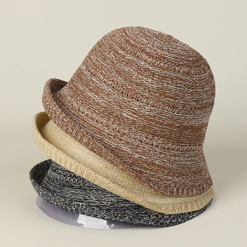 Cappello Alla Pescatora In Maglia Donna Colori Misti Cotone Poliestere Traspirante Protezione Solare Bordo Arrotolato Pieghevole