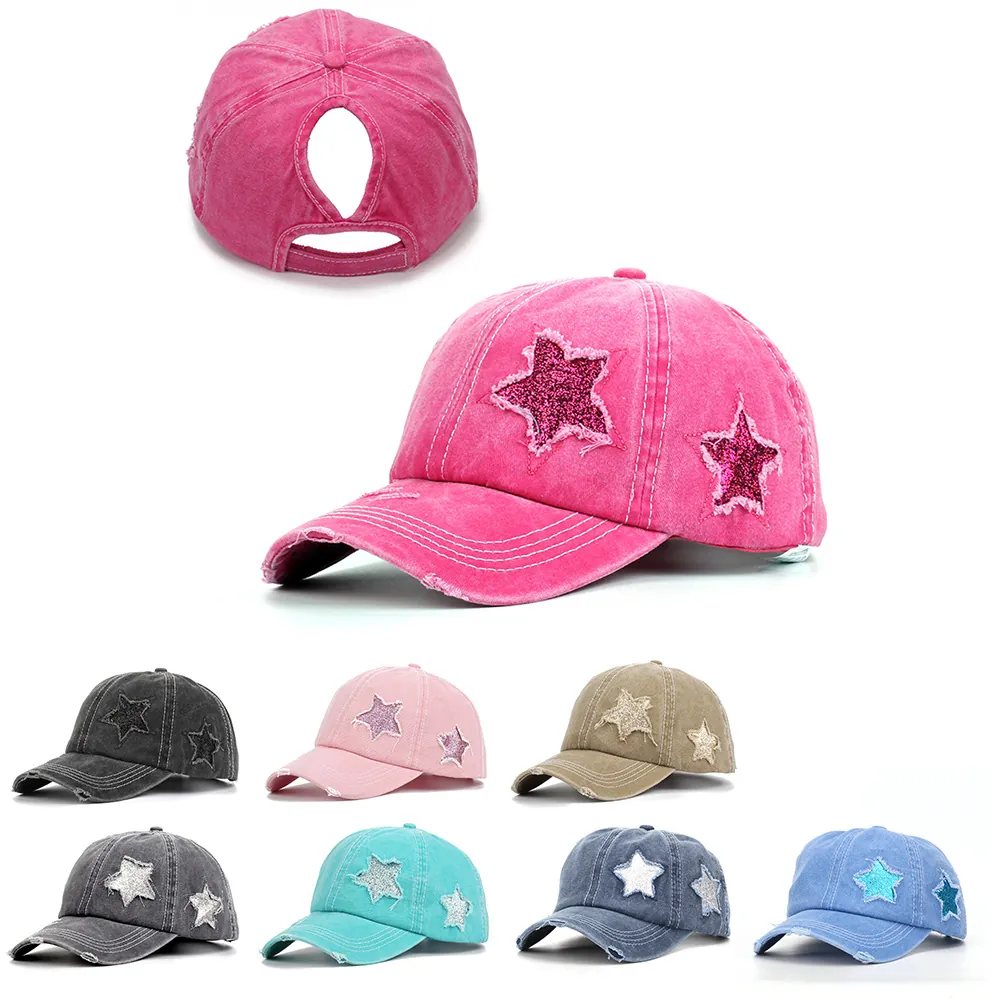 Baseball Cap Washed Cotton Ponytail Hole Sequin Star Distressed Retro Sun Hat For Women Outdoor Adjustable