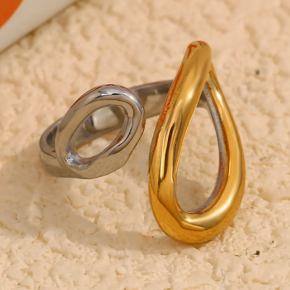 Bague Ouverte En Acier Inoxydable Plaquée Or 18K Bicolore Goutte D'eau Géométrique Asymétrique Bijoux Minimalistes Pour Femmes