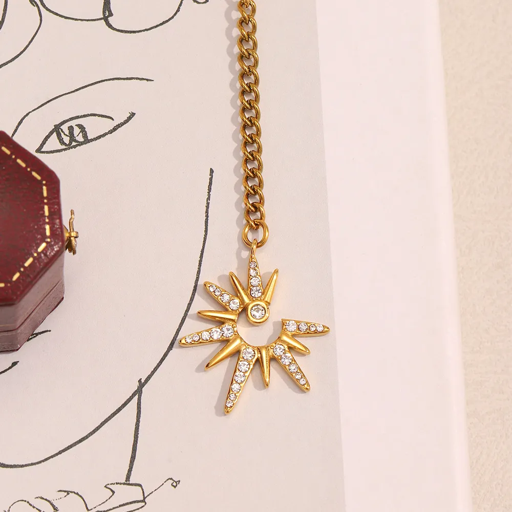 Eight-Pointed Star Sunburst Pendant Necklace 18K Gold Plated Stainless Steel Rhinestone Y-Shape Tassel INS Style For Women