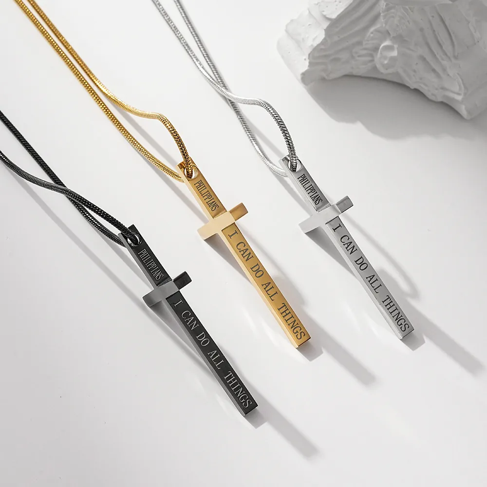 Collier Pendentif Croix Acier Inoxydable Verset Biblique Gravé Philippiens Chaîne Serpent Bijoux Religieux