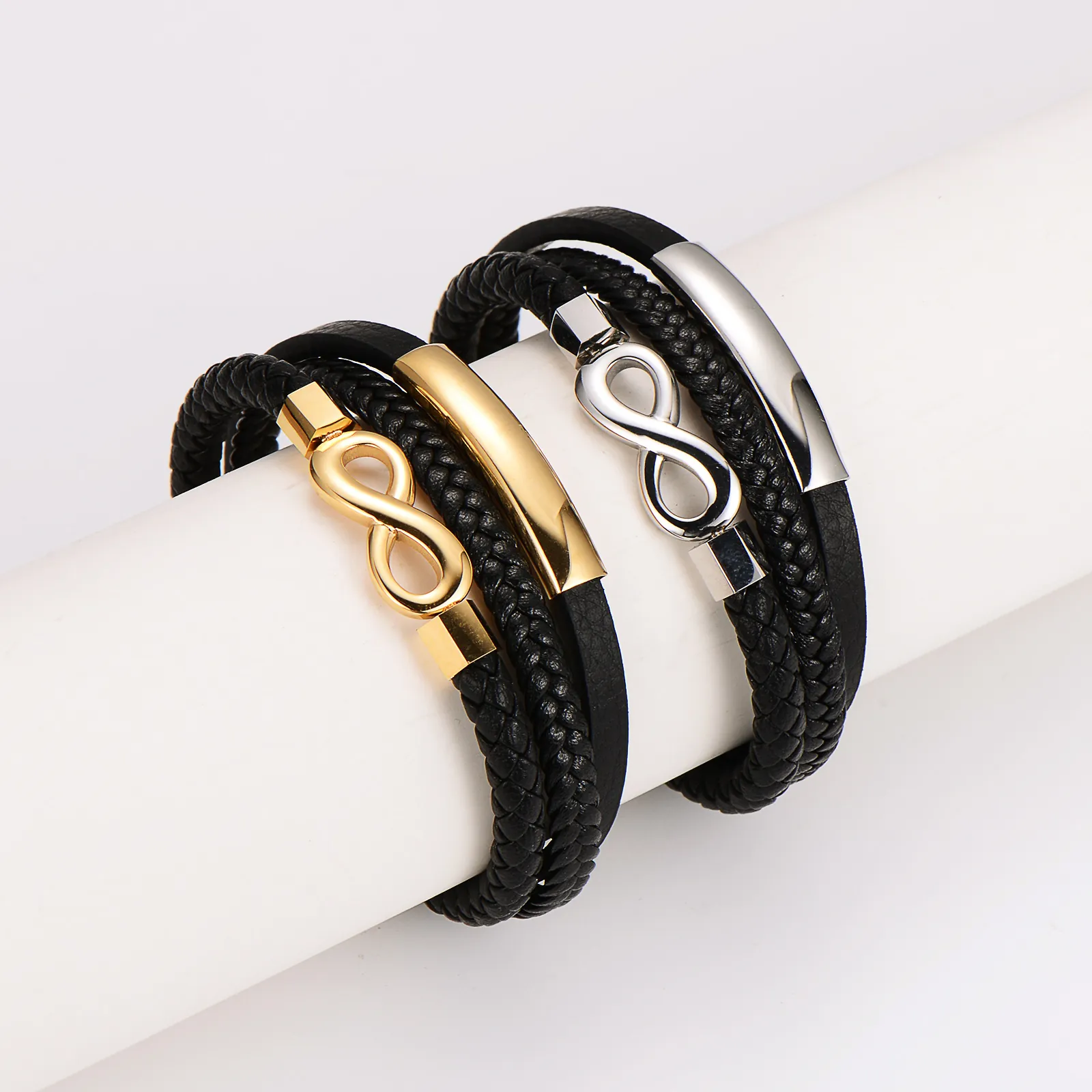 Bracelet En Cuir Tressé Pour Hommes Multicouche Symbole Infini Acier Inoxydable 304 Fermoir Magnétique Bijoux Personnalisés Masculins