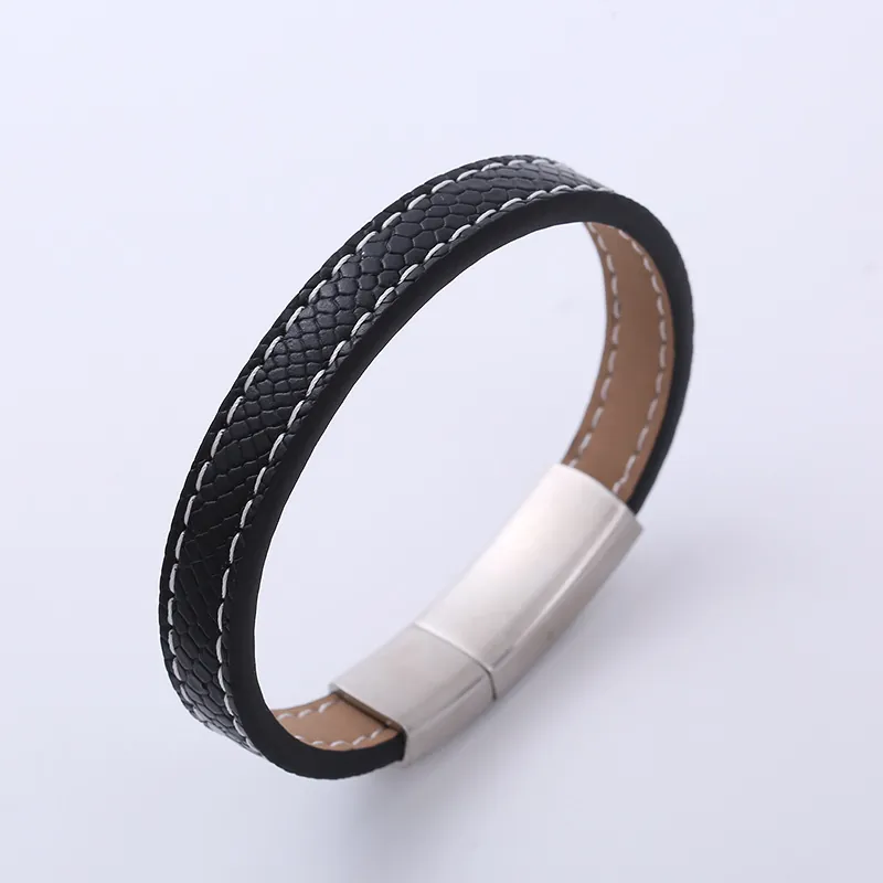 Bracelet En Cuir Pour Homme Avec Fermoir En Acier Inoxydable 316L Bracelet Tressé En PU Noir Couture Blanche