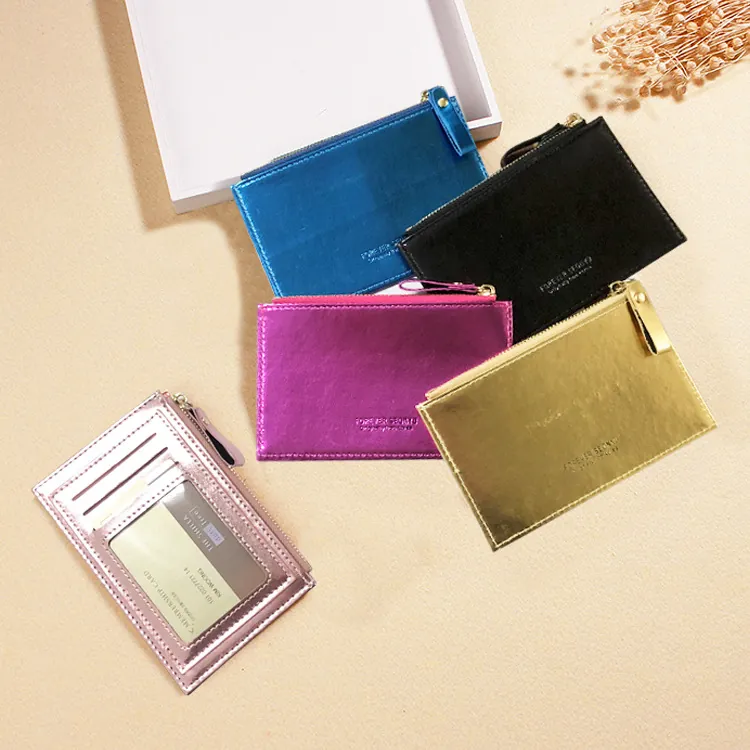Women Slim PU Leather Coin Purse Multi Card Slots ID Window Zipper Small Wallet Metallic Texture Korean Style