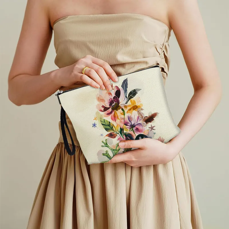 Borsa Trucco Con Stampa Floreale Pochette Cosmetica In Imitazione Lino Con Cerniera E Cinturino Da Polso Organizzatore Da Viaggio Per Donne