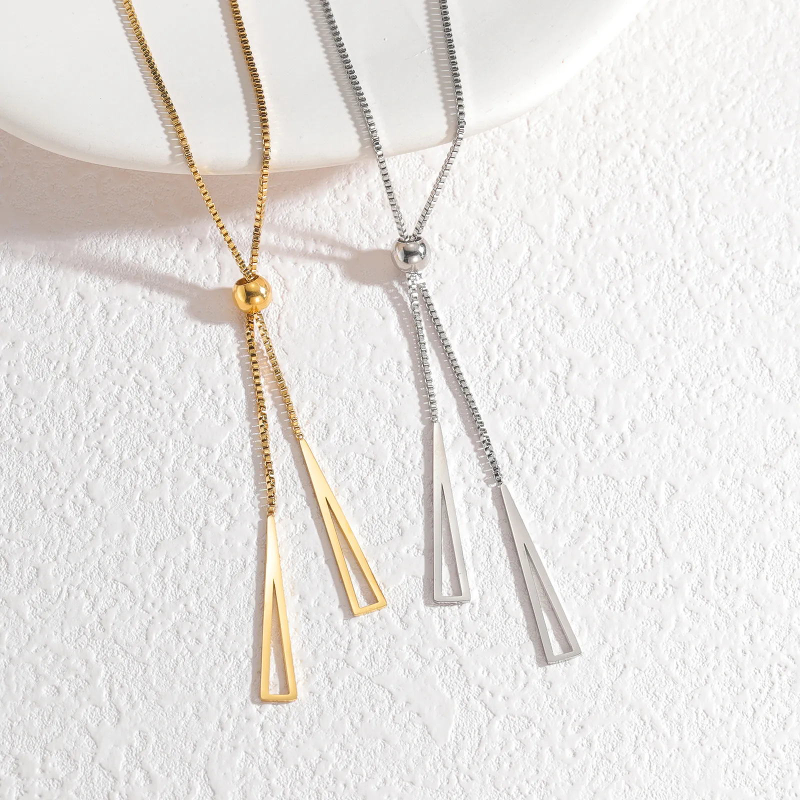 Stainless Steel Geometric Triangle Pendant Necklace Minimalist Adjustable Sliding Chain Y Shaped Necklace For Women Jewelry