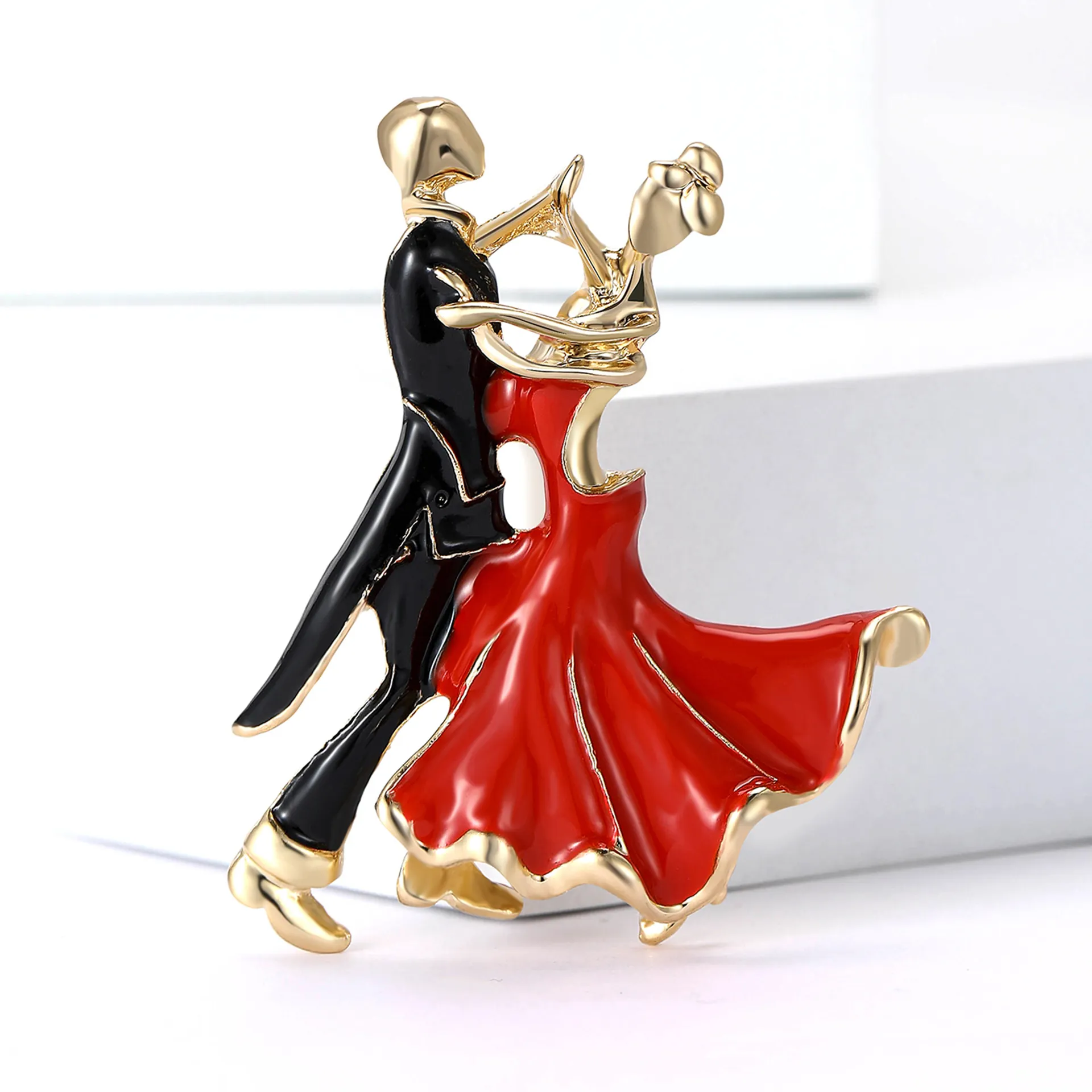 Broche Couple Dansant Alliage Émail Huile Robe Rouge Costume Noir Bijoux Vintage Élégants