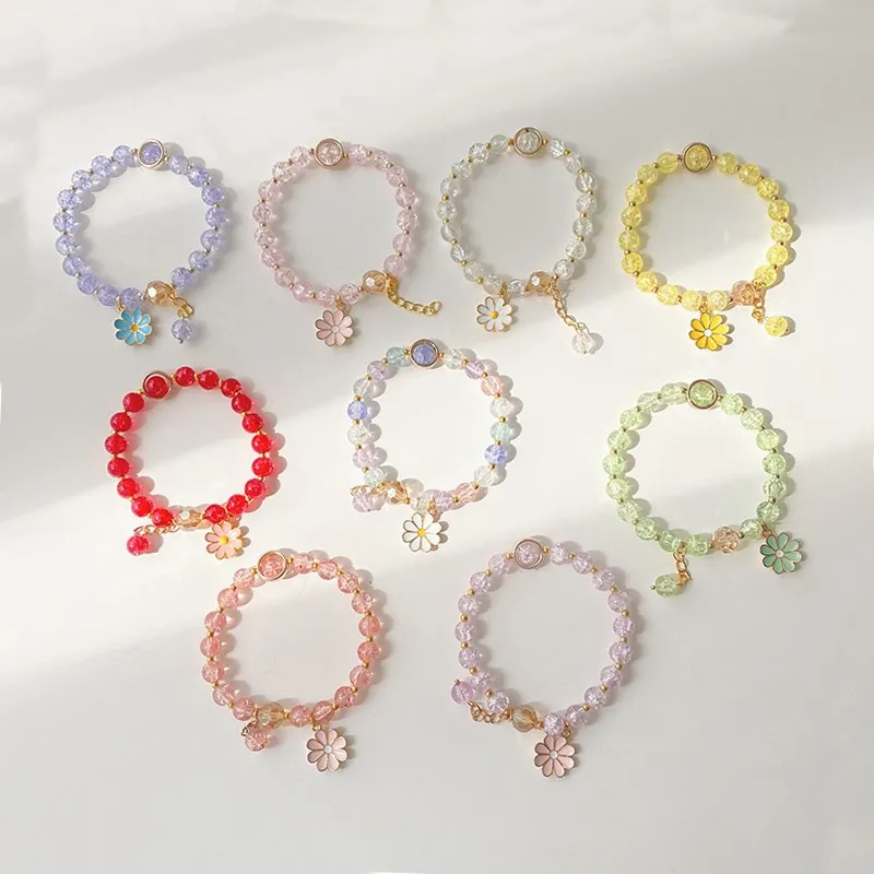 Crystal Beaded Bracelet Enamel Daisy Butterfly Floral Pendant Adjustable Jewelry For Women Girls