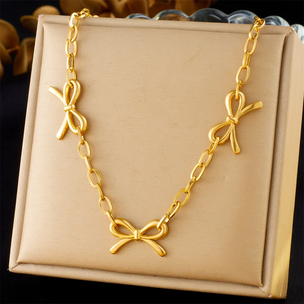 Elegant Bow Pendant Necklace Gold Plated Stainless Steel Cross Chain Simple Retro Style Jewelry For Women