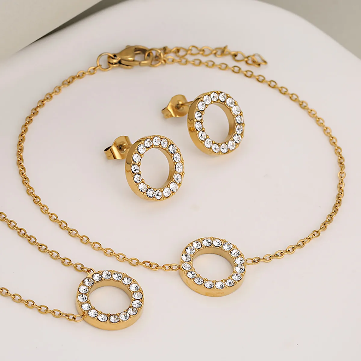 Fashion Stainless Steel Rhinestone Hollow Circle Necklace And Bracelet And Earrings Women Simple Luxury Jewelry
