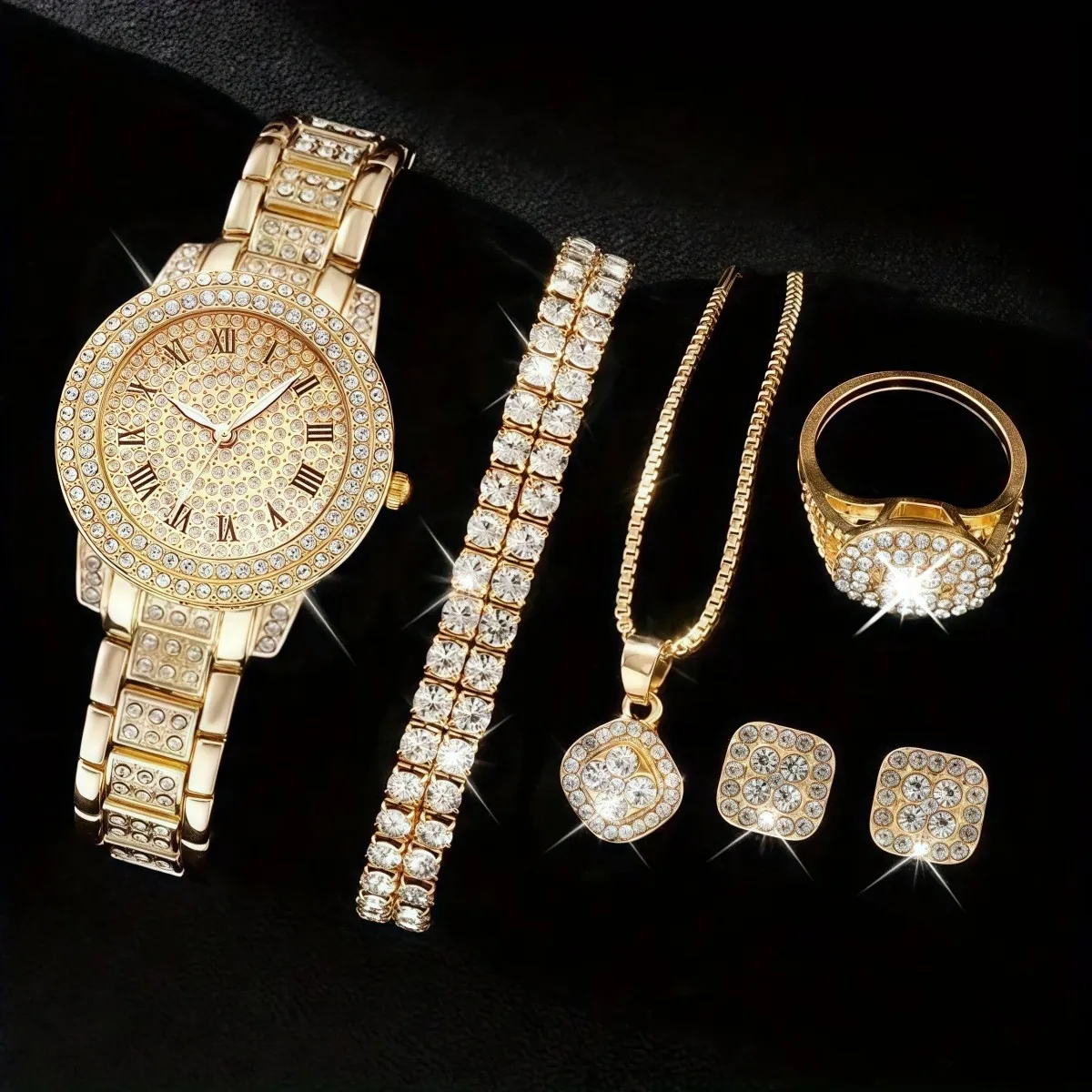 Luxury Iced Out Watch Bracelet Necklace Ring Earrings Alloy Rhinestone Fashion Accessory For Women