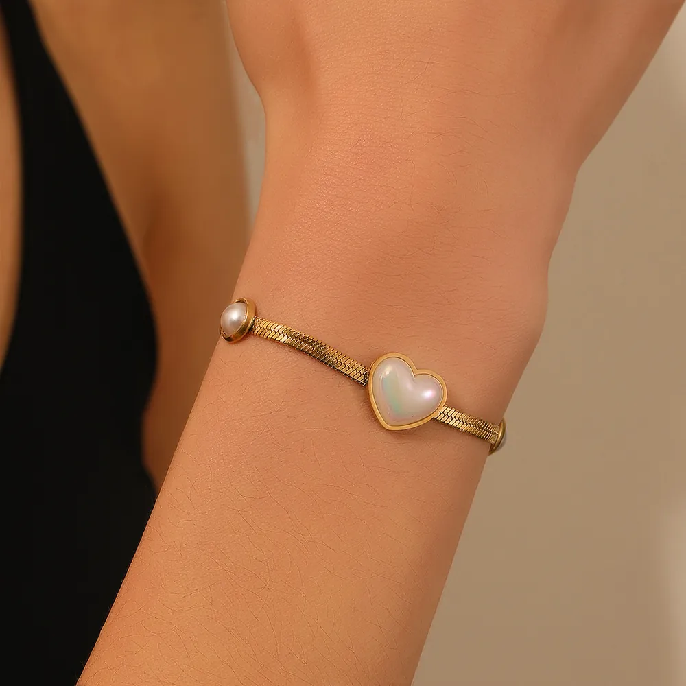 Bracelet Pendentif Coeur Avec Künstliche Perles Chaîne Serpent En Acier Inoxydable Bijoux Réglables Pour Femmes
