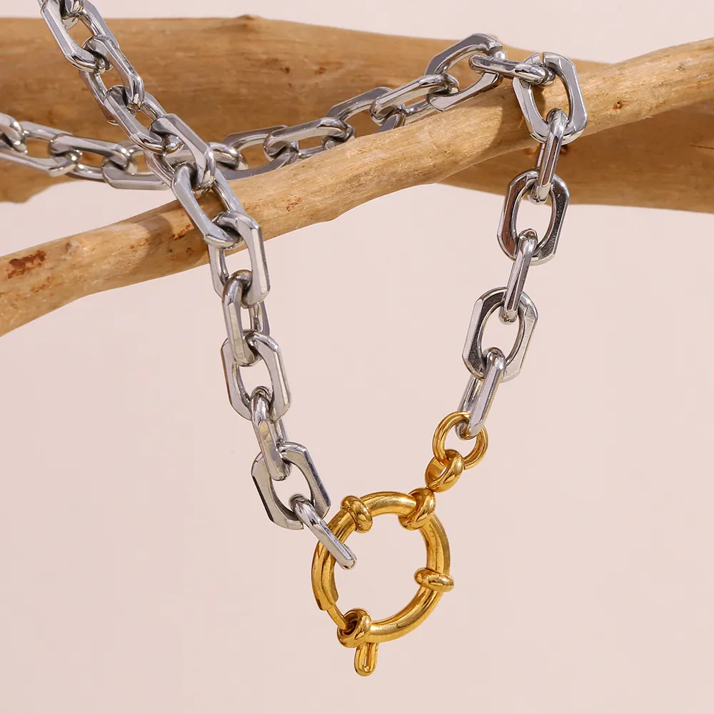 Square Chain Necklace Stainless Steel 18K Gold Plated Bicolor Spring Clasp Niche Minimalist Jewelry For Women