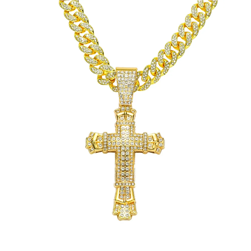 Hip Hop Cross Pendant Necklace With Cuban Link Chain Alloy Rhinestone Iced Out Men Fashion Jewelry Personality Accessory