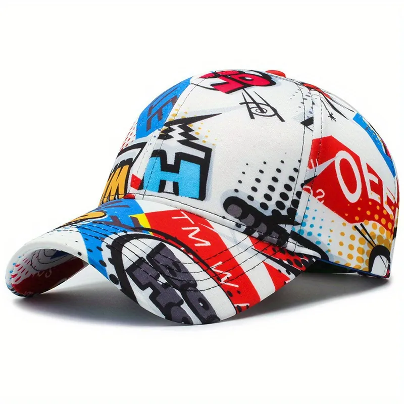 Colorful Graffiti Print Baseball Cap Acrylic Comic Style Hip Hop Streetwear Adjustable Curved Brim Hat For Men Women