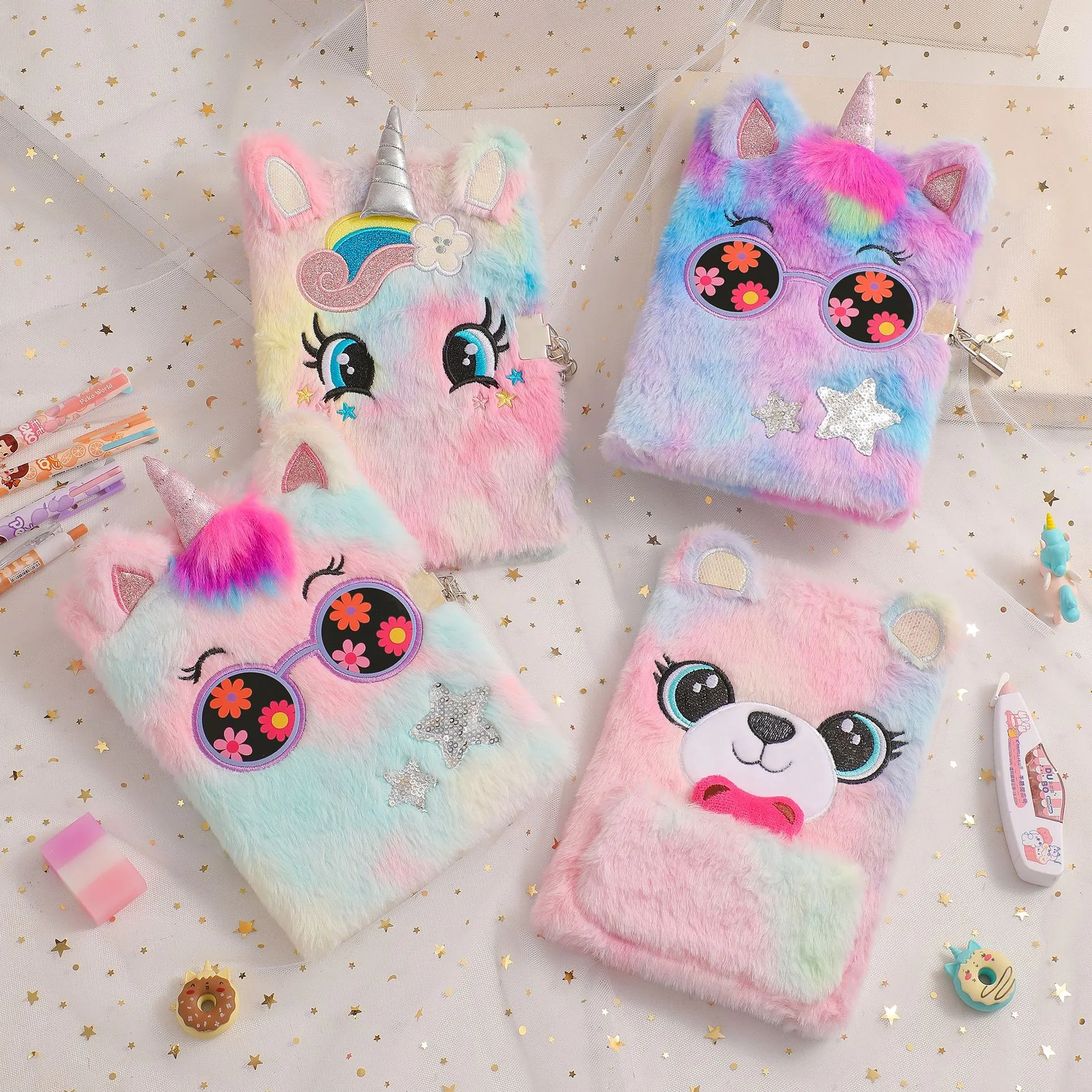 Plush Unicorn Notebook With Lock For Girls Cute Cartoon Faux Fur Diary Journal Stationery Rainbow Tie Dye Pattern