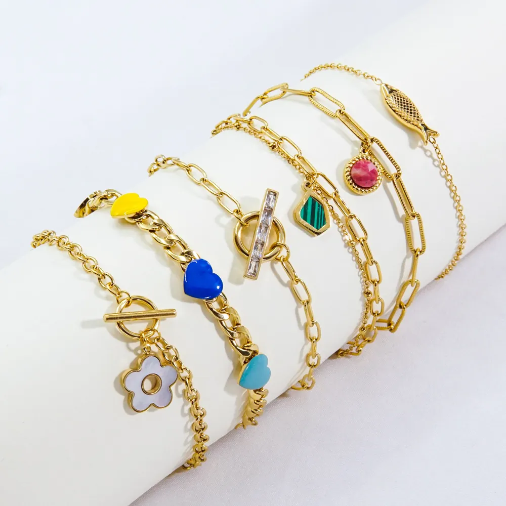 Stainless Steel Bracelet Women Natural Stone Shell Flower Enamel Heart OT Buckle Geometric Gold Plated Jewelry