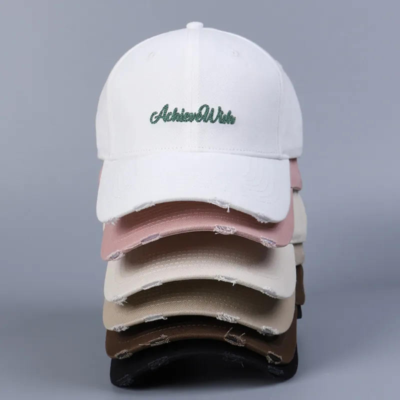 Cotton Baseball Cap Distressed Worn Brim Embroidery Letter Adjustable Sun Hat Unisex Casual Style