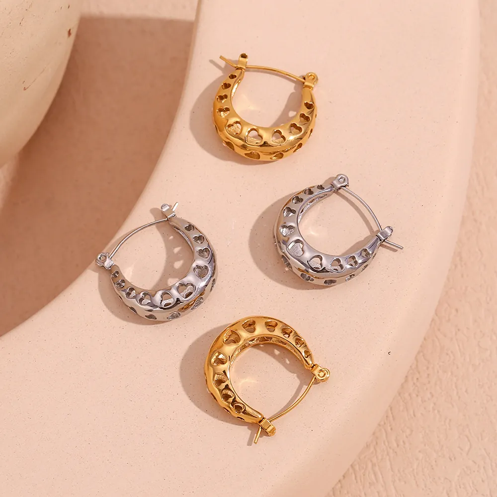 Hollow Heart U-Shaped Stainless Steel Hoop Earrings For Women 18K Gold Plated Vintage Minimalist Geometric Jewelry Daily Accessories