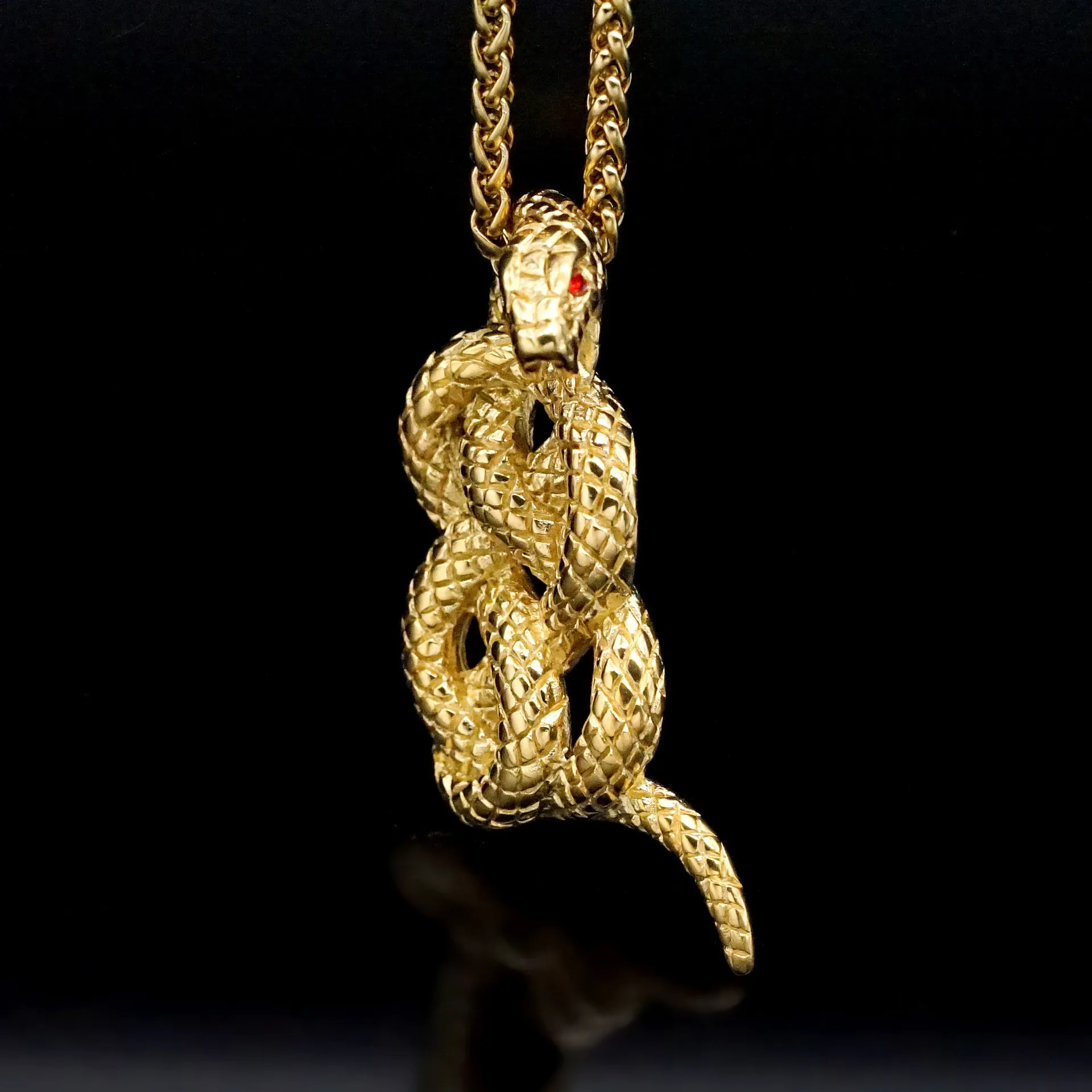 Coiled Snake Pendant Necklace Stainless Steel Gold Plated Red Gemstone Eyes Punk Hip Hop Jewelry Personalized Gift For Men Women