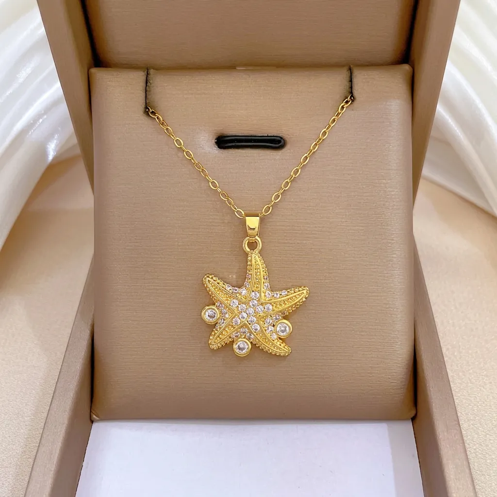 Starfish Pendant Necklace Stainless Steel Chain And Brass Cubic Zirconia Clavicle Jewelry Elegant Accessories For Women