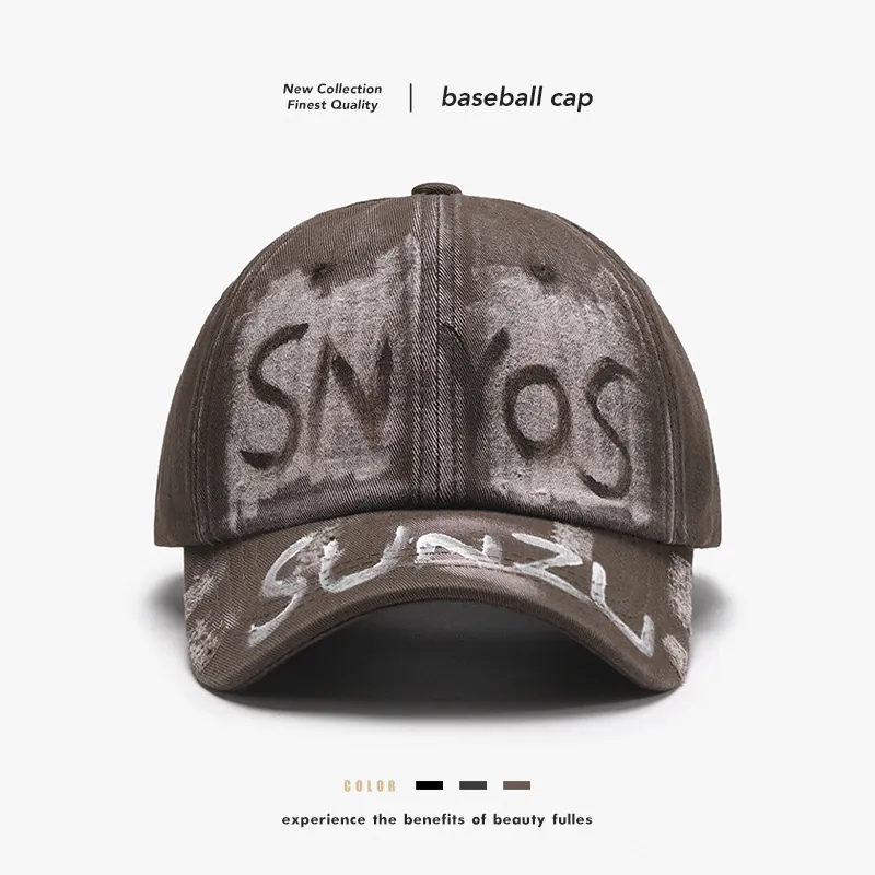 Washed Cotton Baseball Cap Retro Distressed Graffiti Letter Print Street Style Adjustable Strapback Unisex