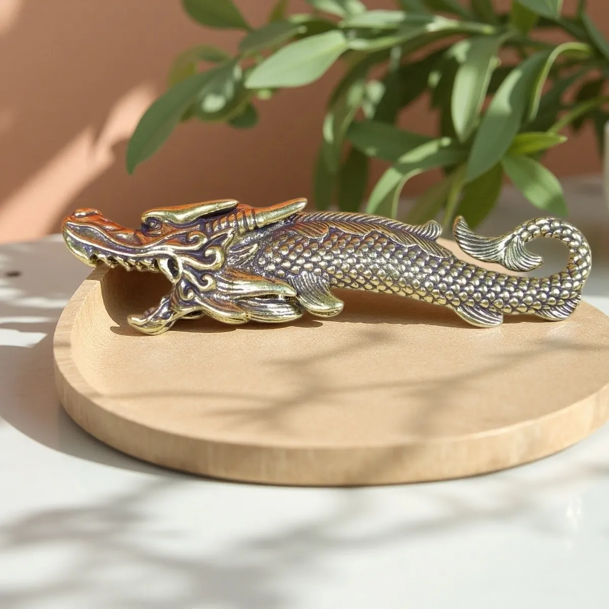 Retro Metal Dragon Fish Statue Chinese Mythical Creature Ornament Desk Decor Antique Finish Tea Pet Hand Piece