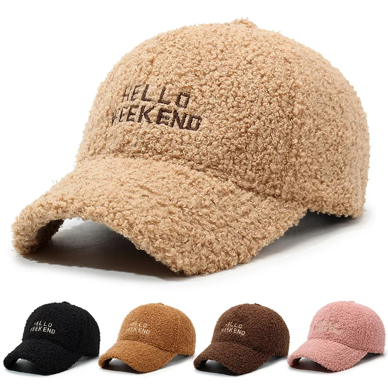Lambswool Baseball Cap Embroidered Hello Weekend Warm Teddy Fleece Winter Hat Adjustable Windproof For Women Men