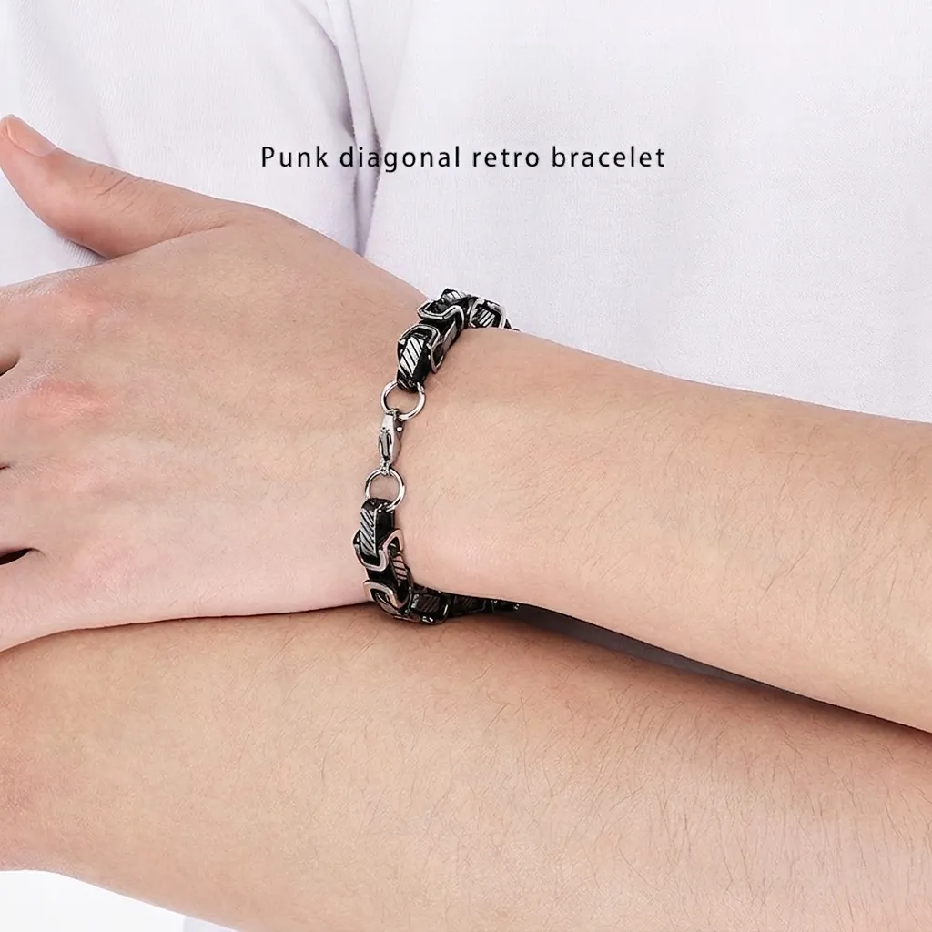Pulsera De Cadena Bizantina Para Hombre Retro Punk Acero De Titanio Patrón Diagonal Joyería De Eslabones Gruesos