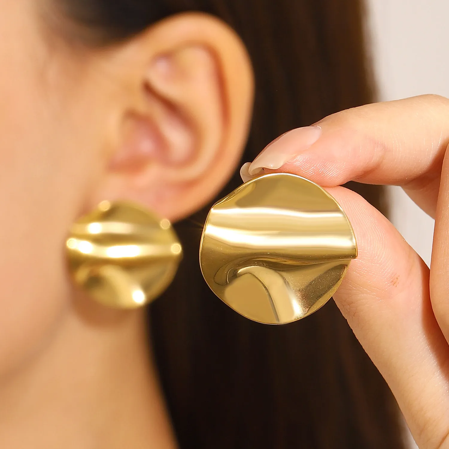Irregular Geometric Pleated Earrings Stainless Steel High Polish Textured Retro Minimalist Style Jewelry For Women