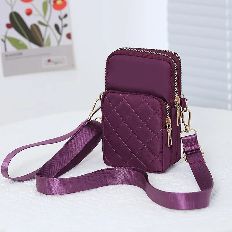 Women Quilted Nylon Mini Crossbody Bag Rhombic Pattern Triple Zipper Mobile Phone Purse Adjustable Strap Casual