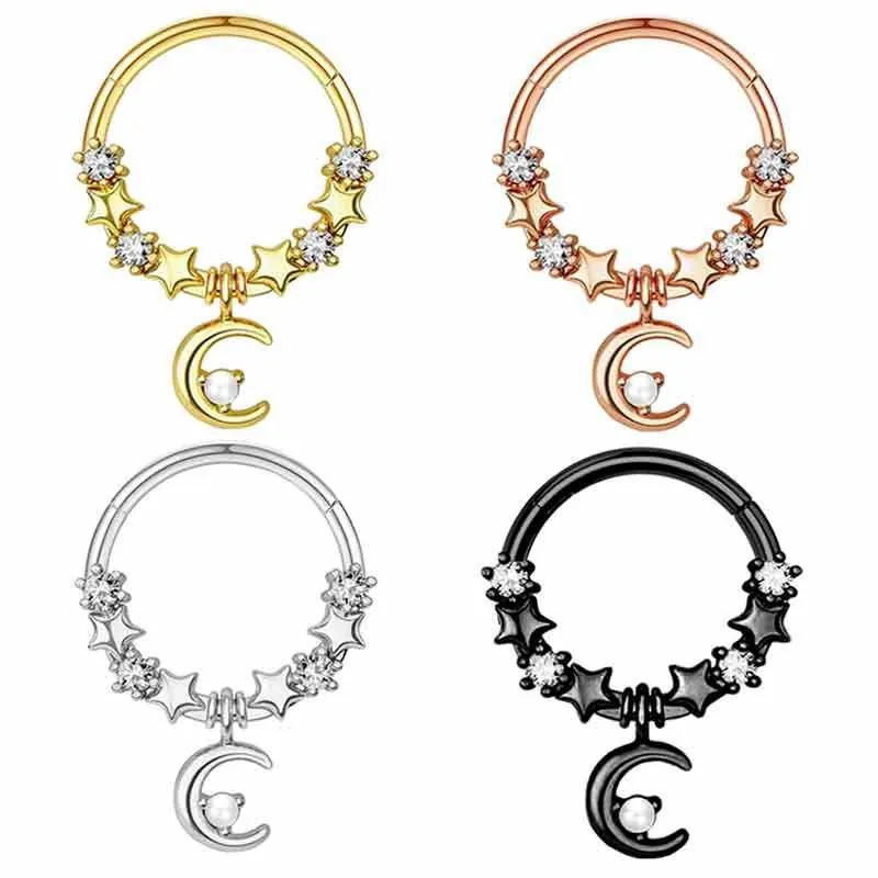 Nose Ring Hoop Septum Clicker Stainless Steel Copper Zirconia Faux Artificial Pearl Star Moon Galaxy Body Piercing Jewelry For Women