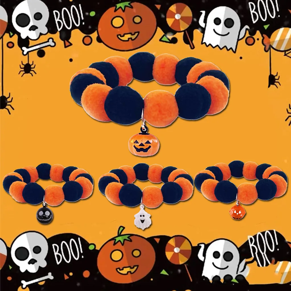 Halloween Pet Collar Plush Pom-Poms Copper Bell Adjustable Elastic Neck Strap For Cats Dogs Pumpkin Ghost Skull Ornament