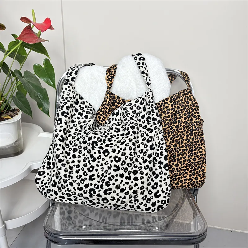 Leopard Print Corduroy Shoulder Tote Bag Women Large Capacity Butterfly Polka Dot Pattern Fashion Casual