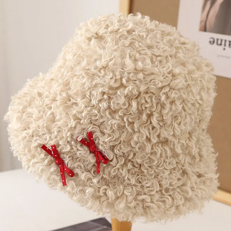 Chapeau Seau En Peluche Teddy Pour Femmes Chaud Hiver Faux Agneau Avec Décoration De Nœud À Pois Doux Élégant Extérieur