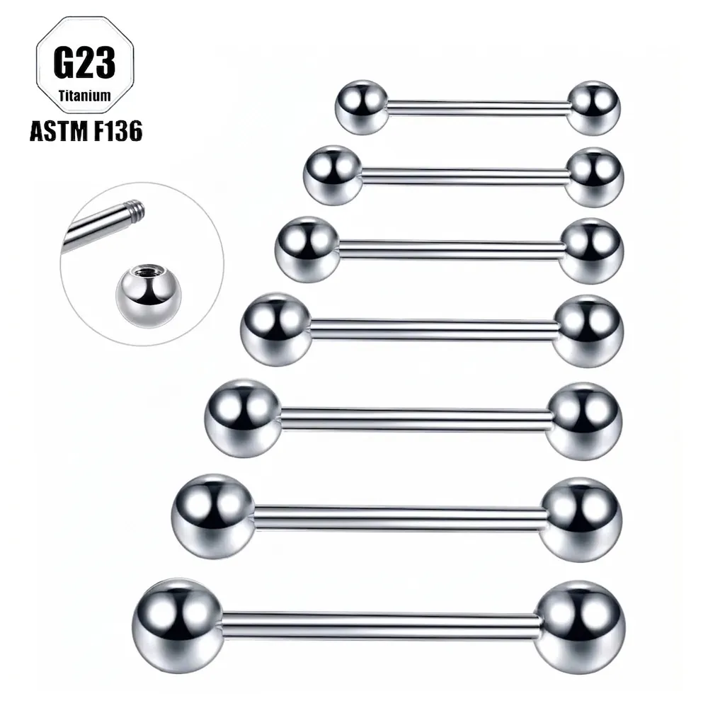G23 Titanium ASTM F136 Barbell Body Piercing Stud Tongue Ring Ear Cartilage Nipple Jewelry Double Round Ball Polished Unisex