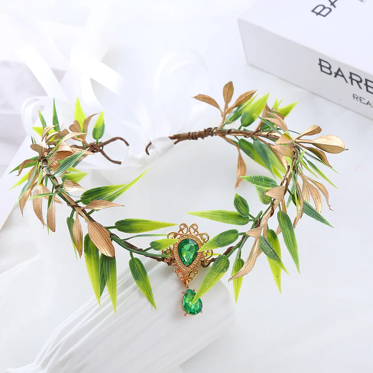 Forest Leaf Floral Headband Green Gold Fabric Leaves Rhinestone Pendant Ribbon Bohemian Wedding Fairy Hair Accessory