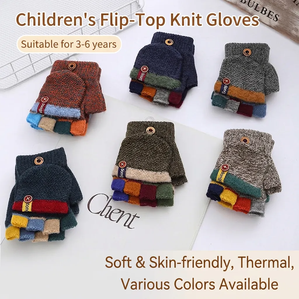 Kinder Winter Warm Gestrickte Fäustlinge Mit Klappe Kaschmir-Ähnlich Gestreifte Halbfinger Handschuhe Outdoor Kleinkind Zubehör