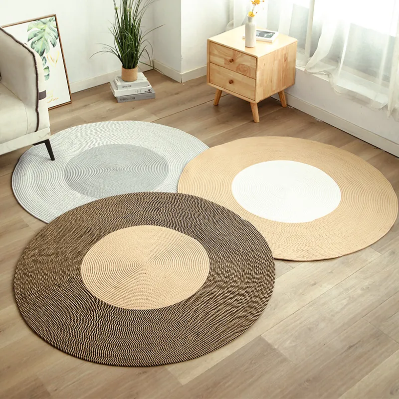 Nordic Hand-woven Linen Round Carpet Minimalist Spiral Pattern Two-tone Area Rug For Living Room Bedroom Home Decor