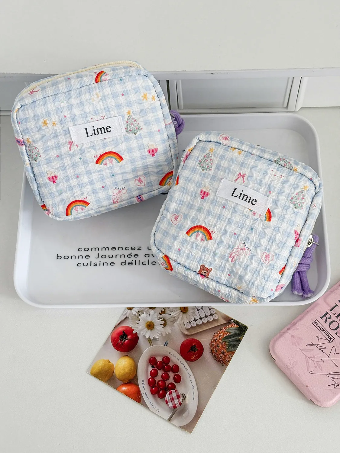 Cute Cartoon Rainbow Gingham Makeup Pouch Quilted Polyester Portable Mini Cosmetic Organizer Bag For Women