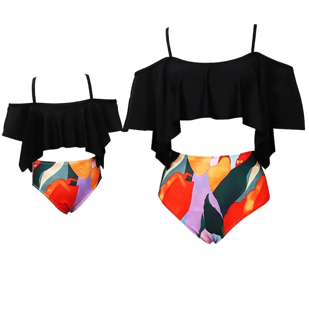 Family Matching Swimwear Ruffle Bikini Top And High Waisted Bottom Zebra Abstract Floral Print Mother Daughter Beach Nylon